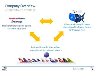 September 2014
Company Overview
Competitive Advantage
Partnerships with other airlines
strengthens international network
Frequent flier programs boosts
customer retention
#1 network strength makes
choosing AAL a logical choice
for frequent fliers
 