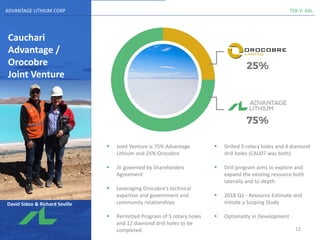 TSX-V: AALADVANTAGE LITHIUM CORP
Cauchari
Advantage /
Orocobre
Joint Venture
▪ Joint Venture is 75% Advantage
Lithium and 25% Orocobre
▪ JV governed by Shareholders
Agreement
▪ Leveraging Orocobre’s technical
expertise and government and
community relationships
▪ Permitted Program of 5 rotary holes
and 12 diamond drill holes to be
completed
▪ Drilled 5 rotary holes and 4 diamond
drill holes (CAU07 was both)
▪ Drill program aims to explore and
expand the existing resource both
laterally and to depth
▪ 2018 Q1 - Resource Estimate and
initiate a Scoping Study
▪ Optionality in Development
David Sidoo & Richard Seville
12
 