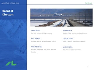 TSX-V: AALADVANTAGE LITHIUM CORP
Board of
Directors
DAVID SIDOO
BA, OBC, Director, CEO & President
NICK DEMARE
CPA, CA, Director & Chief Financial Officer
RICHARD SEVILLE
M.EngSc, MAusIMM, BSc, ARSM, Non-Exec
Director
RICK ANTHON
BA, LLB, FAIM, MAICD, Non-Exec Director
CALLUM GRANT
P. Eng., Director and Technical Advisor
MIGUEL PERAL
BSc, Director & VP Exploration
5
 