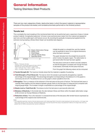 8-5
General Information
Testing Stainless Steel Products
GeneralInformation–TestingStainlessSteelProducts
There are two main categories of tests: destructive tests in which the parent material or representative
samples of the product are tested, and nondestructive tests performed on the ﬁnished product.
Tensile test
This is probably the most revealing of the mechanical tests that can be performed upon a specimen of pipe or tubular
product material. A longitudinal specimen1
of known cross sectional area is taken from the material and gripped at
each end, and then pulled apart until fracture occurs. By recording the gradually increasing load applied and the
extension during loading a Stress-Strain Graph can be plotted (see diagram).
Initially the graph is a straight line, and the material
can be expected to return to its original dimensions
when the load is removed.
The graph deviates from the straight line at point B,
when it enters the plastic region. The deformation is
permanent after this load has been applied.
The test piece continues to stretch and also weakens
so that the elongation increases even though the load
is decreased. Eventually the test piece fractures.
From this graph the following values can be computed.
Tensile Strength (D). The maximum tensile stress that the material is capable of sustaining.
Yield Strength or Proof Stress (C). The load at which the sample is permanently elongated by a speciﬁc
percentage of the original length. The percentage elongation (corresponding to the distance E on the graph) is
commonly set at 0.2% The dotted line to C on the graph is drawn parallel to line A-B.)
Elongation. This is a measure of the extension of the test piece at the point of fracture. The fractured test piece is
carefully ﬁtted together and the distance between gauge marks on the test piece is measured and compared with
original gauge length. The increase in length is expressed as a percentage of the original length.
Elastic Limit or Yield Point (B). The stress at which the test piece is permanently deformed.
Modulus of Elasticity. In the tensile test, the ratio between Stress and Strain within the elastic deformation range
(A-B) is known as Young’s Modulus of Elasticity.
Reduction of Area. This is the reduction in crosssectional area of the test piece after tensile fracture expressed as
a percentage of the original cross-sectional area.
Notes
1 The longitudinal specimen may be a full size tubular section with metal plugs ﬁtted in the ends to allow gripping by the test machine, or for larger tube
sizes a strip may be cut from the tube. Transverse tension tests may also be performed using a ring expansion method or for larger tube sizes (e.g.
greater than 8 in NPS) a transverse strip may be cut/ﬂattened.
Notes
- Stress = Force per unit area,
Example units: Pounds per square inch (psi or lbf/in2
),
Newtons per square metre (N/m2
), Pascal (Pa).
1 ksi = 1x103
psi, 1 Pa = 1 N/m2
; 1 MPa = 1x106
Pa.
- Strain = Increase in length per unit length
STRAIN
A-B Elastic Deformation Range
B Elastic Limit
C Proof Stress
D Ultimate Tensile Stess
E Specified Strain
E
A
B
C
D
STRESS
 