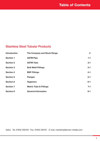 1
Table of Contents
Introduction The Company and Stock Range 2
Section 1 ASTM Pipe 1-1
Section 2 ASTM Tube 2-1
Section 3 Butt Weld Fittings 3-1
Section 4 BSP Fittings 4-1
Section 5 Flanges 5-1
Section 6 Hygienics 6-1
Section 7 Metric Tube & Fittings 7-1
Section 8 General Information 8-1
Aalco Tel. 01932 250100 Fax. 01932 250101 E-mail. marketing@amari-metals.com
Stainless Steel Tubular Products
 
