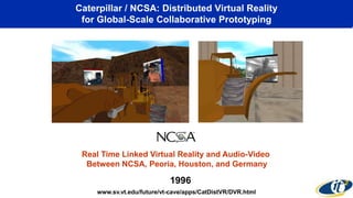 Caterpillar / NCSA: Distributed Virtual Reality
for Global-Scale Collaborative Prototyping
Real Time Linked Virtual Reality and Audio-Video
Between NCSA, Peoria, Houston, and Germany
www.sv.vt.edu/future/vt-cave/apps/CatDistVR/DVR.html
1996
 