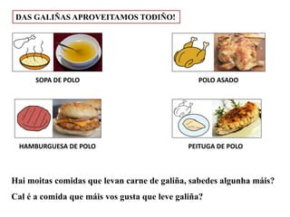 DAS GALIÑAS APROVEITAMOS TODIÑO!
SOPA DE POLO POLO ASADO
HAMBURGUESA DE POLO PEITUGA DE POLO
Hai moitas comidas que levan carne de galiña, sabedes algunha máis?
Cal é a comida que máis vos gusta que leve galiña?
 