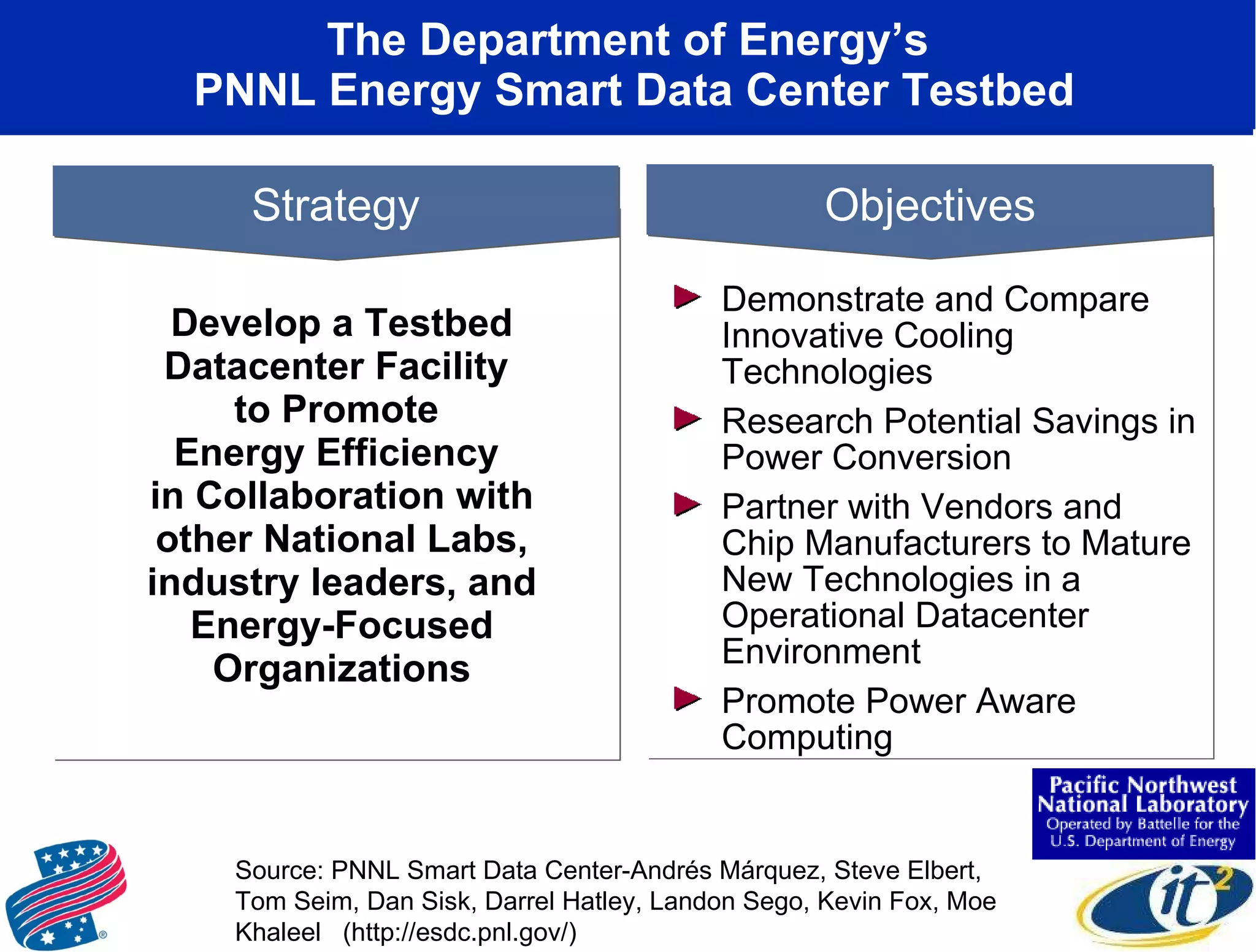 The Department of Energy’s  PNNL Energy Smart Data Center Testbed Develop a Testbed Datacenter Facility  to Promote  Energy Efficiency  in Collaboration with other National Labs, industry leaders, and Energy-Focused Organizations Strategy Objectives Demonstrate and Compare Innovative Cooling Technologies Research Potential Savings in Power Conversion Partner with Vendors and Chip Manufacturers to Mature New Technologies in a Operational Datacenter Environment Promote Power Aware Computing Source: PNNL Smart Data Center-Andrés Márquez, Steve Elbert, Tom Seim, Dan Sisk, Darrel Hatley, Landon Sego, Kevin Fox, Moe Khaleel  (http://esdc.pnl.gov/) 