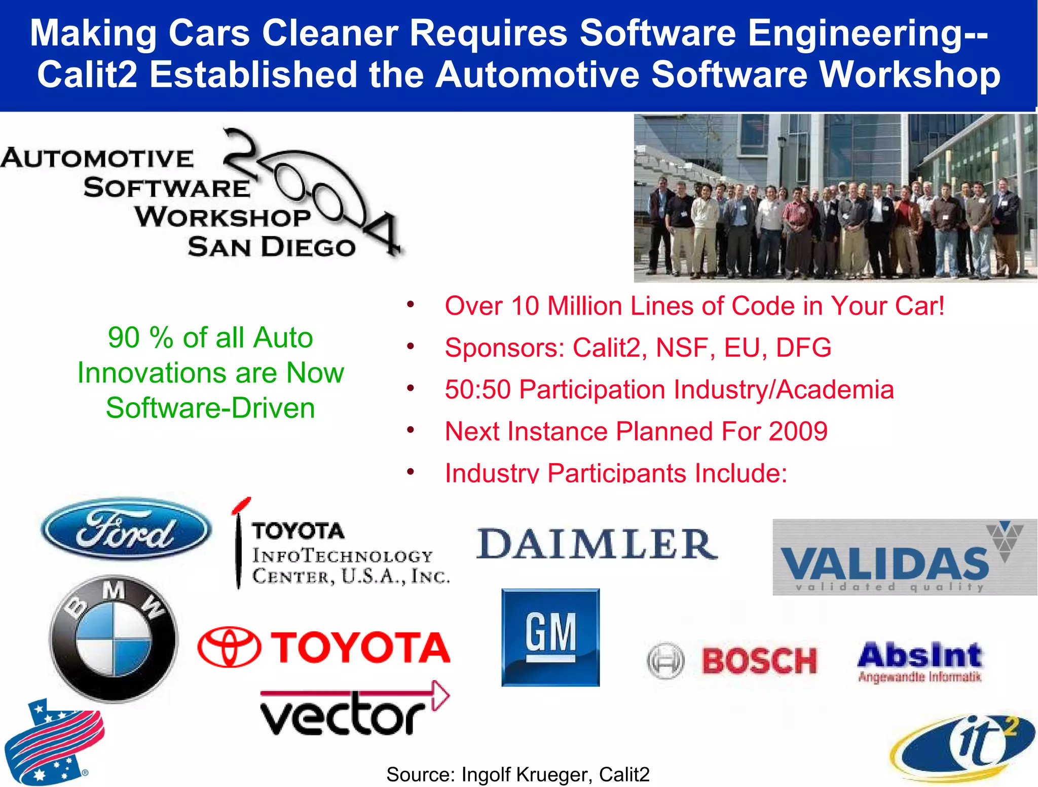 Making Cars Cleaner Requires Software Engineering--  Calit2 Established the Automotive Software Workshop Source: Ingolf Krueger, Calit2 Over 10 Million Lines of Code in Your Car! Sponsors: Calit2, NSF, EU, DFG 50:50 Participation Industry/Academia Next Instance Planned For 2009 Industry Participants Include: 90 % of all Auto Innovations are Now Software-Driven 