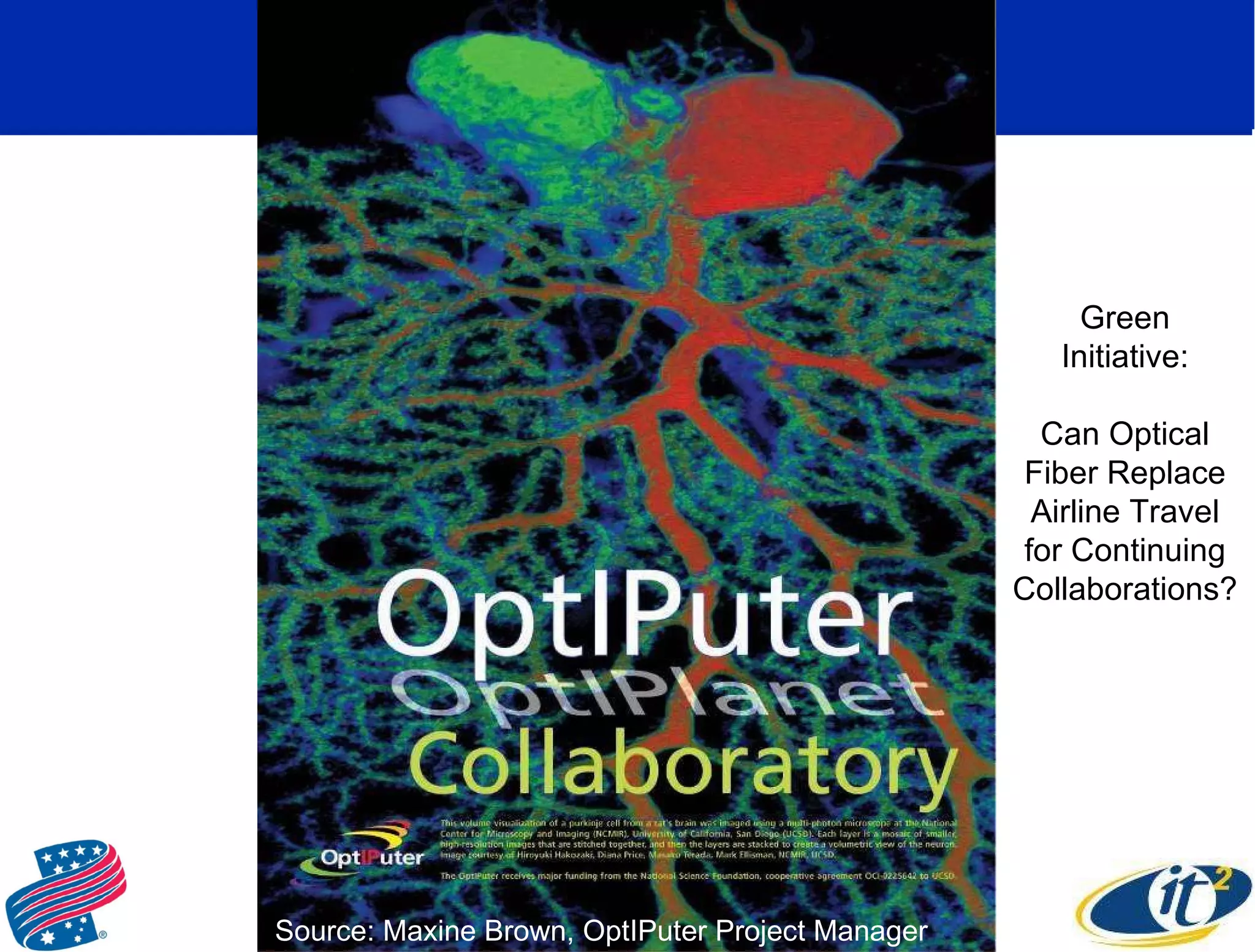Source: Maxine Brown, OptIPuter Project Manager Green Initiative: Can Optical Fiber Replace Airline Travel for Continuing Collaborations? 