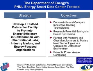 The Department of Energy’s  PNNL Energy Smart Data Center Testbed Develop a Testbed Datacenter Facility  to Promote  Energy Efficiency  in Collaboration with other National Labs, industry leaders, and Energy-Focused Organizations Strategy Objectives Demonstrate and Compare Innovative Cooling Technologies Research Potential Savings in Power Conversion Partner with Vendors and Chip Manufacturers to Mature New Technologies in a Operational Datacenter Environment Promote Power Aware Computing Source: PNNL Smart Data Center-Andrés Márquez, Steve Elbert, Tom Seim, Dan Sisk, Darrel Hatley, Landon Sego, Kevin Fox, Moe Khaleel  (http://esdc.pnl.gov/) 