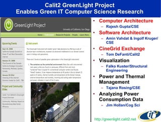 Calit2 GreenLight Project  Enables Green IT Computer Science Research  Computer Architecture  Rajesh Gupta/CSE Software Architecture  Amin Vahdat & Ingolf Kruger/ CSE CineGrid Exchange  Tom DeFanti/Calit2 Visualization  Falko Kuster/Structural Engineering Power and Thermal Management  Tajana Rosing/CSE Analyzing Power Consumption Data  Jim Hollan/Cog Sci http://greenlight.calit2.net 