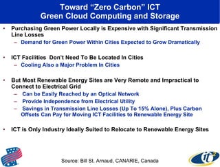 Toward “Zero Carbon” ICT Green Cloud Computing and Storage Purchasing Green Power Locally is Expensive with Significant Transmission Line Losses Demand for Green Power Within Cities Expected to Grow Dramatically ICT Facilities  Don’t Need To Be Located In Cities Cooling Also a Major Problem In Cities But Most Renewable Energy Sites are Very Remote and Impractical to Connect to Electrical Grid Can be Easily Reached by an Optical Network Provide Independence from Electrical Utility Savings in Transmission Line Losses (Up To 15% Alone), Plus Carbon Offsets Can Pay for Moving ICT Facilities to Renewable Energy Site ICT is Only Industry Ideally Suited to Relocate to Renewable Energy Sites Source: Bill St. Arnaud, CANARIE, Canada 