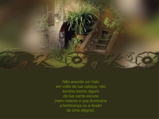 Não acende um halo em volta de tua cabeça, não ilumina trecho algum de tua carne escura (nem mesmo o que iluminaria a lembrança ou a ilusão de uma alegria). 
