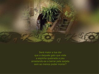 Será maior a tua dor que a daquele gato que viste a espinha quebrada a pau arrastando-se a berrar pela sarjeta sem ao menos poder morrer? 