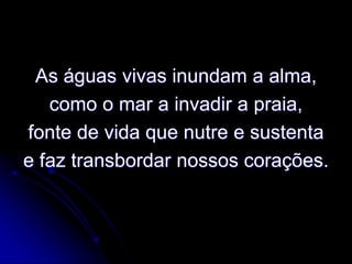 As águas vivas inundam a alma,
como o mar a invadir a praia,
fonte de vida que nutre e sustenta
e faz transbordar nossos corações.
 
