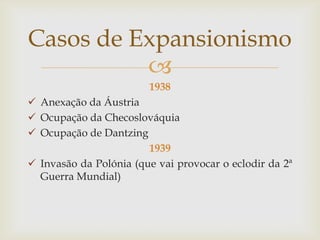 Casos de Expansionismo
          
                        1938
 Anexação da Áustria
 Ocupação da Checoslováquia
 Ocupação de Dantzing
                        1939
 Invasão da Polónia (que vai provocar o eclodir da 2ª
  Guerra Mundial)
 