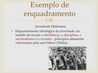 Exemplo de
        enquadramento
              
                Juventude Hitleriana
• Enquadramento ideológico da juventude, no
  sentido de incutir a obediência, a disciplina, o
  nacionalismo e o racismo - princípios altamente
  valorizados pelo seu Führer (Hitler);
 
