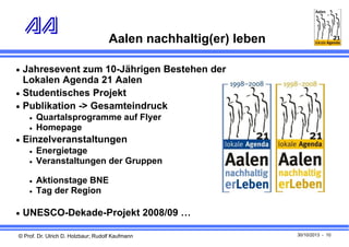 Aalen nachhaltig(er) leben
 Jahresevent zum 10-Jährigen Bestehen der

Lokalen Agenda 21 Aalen
 Studentisches Projekt
 Publikation -> Gesamteindruck



Quartalsprogramme auf Flyer
Homepage

 Einzelveranstaltungen





Energietage
Veranstaltungen der Gruppen
Aktionstage BNE
Tag der Region

 UNESCO-Dekade-Projekt 2008/09 …
© Prof. Dr. Ulrich D. Holzbaur; Rudolf Kaufmann

30/10/2013 - 10

 