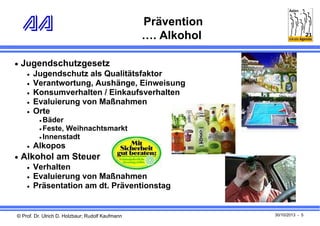 Prävention
…. Alkohol
 Jugendschutzgesetz






Jugendschutz als Qualitätsfaktor
Verantwortung, Aushänge, Einweisung
Konsumverhalten / Einkaufsverhalten
Evaluierung von Maßnahmen
Orte
 Bäder
 Feste,

Weihnachtsmarkt
 Innenstadt


Alkopos

 Alkohol am Steuer




Verhalten
Evaluierung von Maßnahmen
Präsentation am dt. Präventionstag

© Prof. Dr. Ulrich D. Holzbaur; Rudolf Kaufmann

30/10/2013 - 5

 