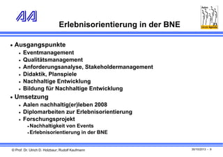 Erlebnisorientierung in der BNE
 Ausgangspunkte







Eventmanagement
Qualitätsmanagement
Anforderungsanalyse, Stakeholdermanagement
Didaktik, Planspiele
Nachhaltige Entwicklung
Bildung für Nachhaltige Entwicklung

 Umsetzung




Aalen nachhaltig(er)leben 2008
Diplomarbeiten zur Erlebnisorientierung
Forschungsprojekt
 Nachhaltigkeit

von Events
 Erlebnisorientierung in der BNE

© Prof. Dr. Ulrich D. Holzbaur; Rudolf Kaufmann

30/10/2013 - 9

 