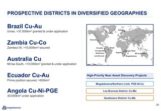 28
PROSPECTIVE DISTRICTS IN DIVERSIFIED GEOGRAPHIES
Brazil Cu-Au
Uniao, >37,000km2 granted & under application
Zambia Cu-Co
Zambezi W, >10,000km2 secured
Australia Cu
Mt Isa South, >10,000km2 granted & under application
Ecuador Cu-Au
Prime position secured, >600km2
Angola Cu-Ni-PGE
30,000km2 under application
High-Priority Near Asset Discovery Projects
Los Bronces District: Cu-Mo
Mogalakwena/Northern Limb: PGE-Ni-Cu
Quellaveco District: Cu-Mo
Ecuador
Quellaveco
Los Bronces Mogalakwena
Zambezi West
Mt Isa South
Brazil
Angola
Corcapunta
Sakatti
Arizona
Chidliak
 