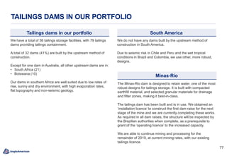 7777
TAILINGS DAMS IN OUR PORTFOLIO
South America
We do not have any dams built by the upstream method of
construction in South America.
Due to seismic risk in Chile and Peru and the wet tropical
conditions in Brazil and Colombia, we use other, more robust,
designs.
Tailings dams in our portfolio
We have a total of 56 tailings storage facilities, with 79 tailings
dams providing tailings containment.
A total of 32 dams (41%) are built by the upstream method of
construction.
Except for one dam in Australia, all other upstream dams are in:
• South Africa (21)
• Botswana (10)
Our dams in southern Africa are well suited due to low rates of
rise, sunny and dry environment, with high evaporation rates,
flat topography and non-seismic geology.
Minas-Rio
The Minas-Rio dam is designed to retain water, one of the most
robust designs for tailings storage. It is built with compacted
earthfill material, and selected granular materials for drainage
and filter zones, making it best-in-class.
The tailings dam has been built and is in use. We obtained an
‘installation licence’ to construct the first dam raise for the next
stage of the mine and we are currently completing these works.
As required in all dam raises, the structure will be inspected by
the Brazilian authorities when complete, as a prerequisite to
grant of the ‘operating licence’ to the increased capacity.
We are able to continue mining and processing for the
remainder of 2019, at current mining rates, with our existing
tailings licence.
 