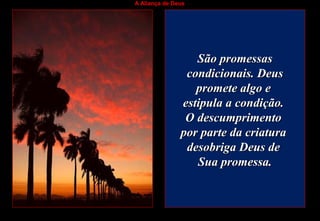 A Aliança de Deus
São promessasSão promessas
condicionais. Deuscondicionais. Deus
promete algo epromete algo e
estipula a condição.estipula a condição.
O descumprimentoO descumprimento
por parte da criaturapor parte da criatura
desobriga Deus dedesobriga Deus de
Sua promessa.Sua promessa.
 