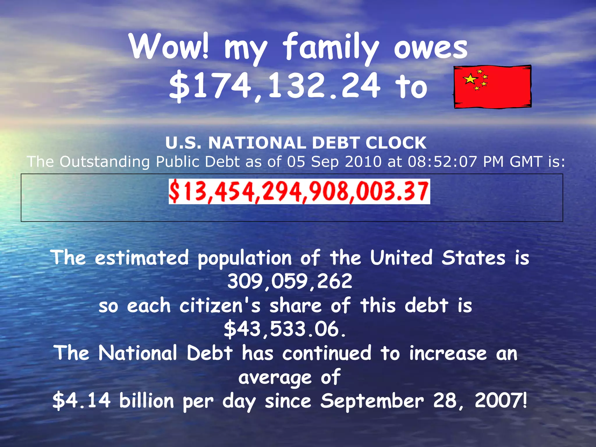 Wow! my family owes
                        $174,132.24 to
                                U.S. NATIONAL DEBT CLOCK
The Outstanding Public Debt as of 05 Sep 2010 at 08:52:07 PM GMT is:


                                                                                                                              

     The estimated population of the United States is
                       309,059,262
         so each citizen's share of this debt is
                       $43,533.06.
     The National Debt has continued to increase an
                        average of
     $4.14 billion per day since September 28, 2007!
 