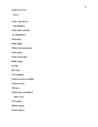 69
Aalifa’sSura.Vol.3
Verse 2
1Aztex Amen-Ra &
Aztexahmian’s.
2And Aalifa Amen-Ra
& Aalifahmian’s.
3Geneology.
4With family.
5When God created man.
6And woman.
7God created male.
8With female.
9As fine.
10As wine.
11To mankind.
12Anit no need to act blind.
13Aztexia lived.
14To give.
15More than one hundred
thirty years.
17To appear.
18With cousins.
19And relatives.
 