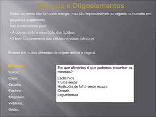 Minerais e Oligoelementos
 Estes nutrientes não fornecem energia, mas são imprescindíveis ao organismo humano em
 pequenas quantidades.
 São fundamentais para:
 • A conservação e renovação dos tecidos;
 •O bom funcionamento das células nervosas (cérebro)



Existem em muitos alimentos de origem animal e vegetal.


Minerais:                      Em que alimentos é que podemos encontrar os
•Cálcio;                       minerais?
•Cloro;                        Lacticínios
                               Frutos secos
•Enxofre;
                               Hortícolas de folha verde escura
•Fósforo;                      Cereais
                               Leguminosas
•Magnésio;
•Potássio;
•Sódio.
 