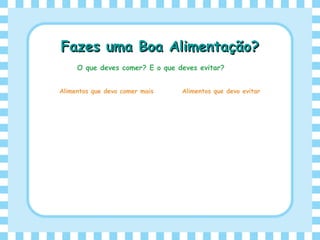 Fazes uma Boa Alimentação?Fazes uma Boa Alimentação?
O que deves comer? E o que deves evitar?
Alimentos que devo comer mais Alimentos que devo evitar
 