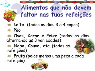 Alimentos que não devem
faltar nas tuas refeições
Leite (todos os dias 3 a 4 copos)
Pão
Ovos, Carne e Peixe (todos os dias
alternando as 3 variedades)
Nabo, Couve, etc. (todas as
refeições)
Fruta (pelos menos uma peça a cada
refeição)
 