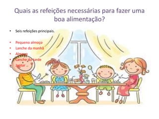 Quais as refeições necessárias para fazer uma
boa alimentação?
• Seis refeições principais.
• Pequeno almoço
• Lanche da manhã
• Almoço
• Lanche da tarde
• Jantar
 