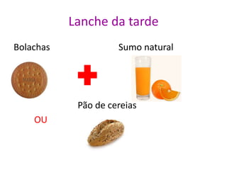 Lanche da tarde
Bolachas Sumo natural
Pão de cereias
OU
 