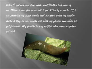 When I got sick my older sister and Mother took care of  me. When I was five years old I got bitten by a snake. If I  get poisoned my sister would hold me down while my mother  sticks a slug on me. Slugs are what my family uses when we  get poisoned. My family is very helpful when some neighbors  get sick. 