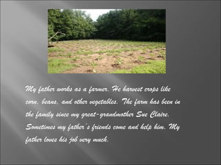 My father works as a farmer. He harvest crops like  corn, beans, and other vegetables. The farm has been in  the family since my great-grandmother Sue Claire.  Sometimes my father’s friends come and help him. My  father loves his job very much. 