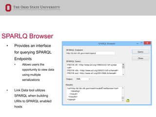 SPARLQ Browser
• Provides an interface
for querying SPARQL
Endpoints
• Allows users the
opportunity to view data
using multiple
serializations
• Link Data tool utilizes
SPARQL when building
URIs to SPARQL enabled
hosts
 