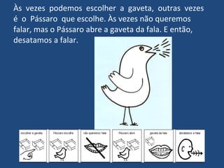 Às  vezes  podemos  escolher  a  gaveta,  outras  vezes  é  o  Pássaro  que escolhe. Às vezes não queremos falar, mas o Pássaro abre a gaveta da fala. E então, desatamos a falar. 