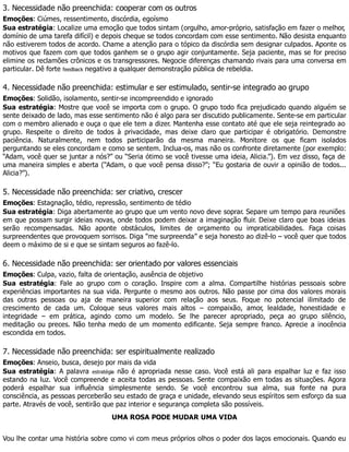 3. Necessidade não preenchida: cooperar com os outros
Emoções: Ciúmes, ressentimento, discórdia, egoísmo
Sua estratégia: Localize uma emoção que todos sintam (orgulho, amor-próprio, satisfação em fazer o melhor,
domínio de uma tarefa difícil) e depois cheque se todos concordam com esse sentimento. Não desista enquanto
não estiverem todos de acordo. Chame a atenção para o tópico da discórdia sem designar culpados. Aponte os
motivos que fazem com que todos ganhem se o grupo agir conjuntamente. Seja paciente, mas se for preciso
elimine os reclamões crônicos e os transgressores. Negocie diferenças chamando rivais para uma conversa em
particular. Dê forte feedback negativo a qualquer demonstração pública de rebeldia.
4. Necessidade não preenchida: estimular e ser estimulado, sentir-se integrado ao grupo
Emoções: Solidão, isolamento, sentir-se incompreendido e ignorado
Sua estratégia: Mostre que você se importa com o grupo. O grupo todo fica prejudicado quando alguém se
sente deixado de lado, mas esse sentimento não é algo para ser discutido publicamente. Sente-se em particular
com o membro alienado e ouça o que ele tem a dizer. Mantenha esse contato até que ele seja reintegrado ao
grupo. Respeite o direito de todos à privacidade, mas deixe claro que participar é obrigatório. Demonstre
paciência. Naturalmente, nem todos participarão da mesma maneira. Monitore os que ficam isolados
perguntando se eles concordam e como se sentem. Inclua-os, mas não os confronte diretamente (por exemplo:
“Adam, você quer se juntar a nós?” ou “Seria ótimo se você tivesse uma ideia, Alicia.”). Em vez disso, faça de
uma maneira simples e aberta (“Adam, o que você pensa disso?”; “Eu gostaria de ouvir a opinião de todos...
Alicia?”).
5. Necessidade não preenchida: ser criativo, crescer
Emoções: Estagnação, tédio, repressão, sentimento de tédio
Sua estratégia: Diga abertamente ao grupo que um vento novo deve soprar. Separe um tempo para reuniões
em que possam surgir ideias novas, onde todos podem deixar a imaginação fluir. Deixe claro que boas ideias
serão recompensadas. Não aponte obstáculos, limites de orçamento ou impraticabilidades. Faça coisas
surpreendentes que provoquem sorrisos. Diga “me surpreenda” e seja honesto ao dizê-lo – você quer que todos
deem o máximo de si e que se sintam seguros ao fazê-lo.
6. Necessidade não preenchida: ser orientado por valores essenciais
Emoções: Culpa, vazio, falta de orientação, ausência de objetivo
Sua estratégia: Fale ao grupo com o coração. Inspire com a alma. Compartilhe histórias pessoais sobre
experiências importantes na sua vida. Pergunte o mesmo aos outros. Não passe por cima dos valores morais
das outras pessoas ou aja de maneira superior com relação aos seus. Foque no potencial ilimitado de
crescimento de cada um. Coloque seus valores mais altos – compaixão, amor, lealdade, honestidade e
integridade – em prática, agindo como um modelo. Se lhe parecer apropriado, peça ao grupo silêncio,
meditação ou preces. Não tenha medo de um momento edificante. Seja sempre franco. Aprecie a inocência
escondida em todos.
7. Necessidade não preenchida: ser espiritualmente realizado
Emoções: Anseio, busca, desejo por mais da vida
Sua estratégia: A palavra estratégia não é apropriada nesse caso. Você está ali para espalhar luz e faz isso
estando na luz. Você compreende e aceita todas as pessoas. Sente compaixão em todas as situações. Agora
poderá espalhar sua influência simplesmente sendo. Se você encontrou sua alma, sua fonte na pura
consciência, as pessoas perceberão seu estado de graça e unidade, elevando seus espíritos sem esforço da sua
parte. Através de você, sentirão que paz interior e segurança completa são possíveis.
UMA ROSA PODE MUDAR UMA VIDA
Vou lhe contar uma história sobre como vi com meus próprios olhos o poder dos laços emocionais. Quando eu
 