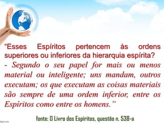 “Esses Espíritos pertencem às ordens
superiores ou inferiores da hierarquia espírita?
- Segundo o seu papel for mais ou menos
material ou inteligente; uns mandam, outros
executam; os que executam as coisas materiais
são sempre de uma ordem inferior, entre os
Espíritos como entre os homens.”
fonte: O Livro dos Espíritos, questão n. 538-a
 