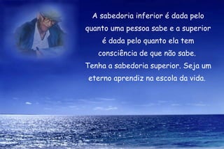 A sabedoria inferior é dada pelo
quanto uma pessoa sabe e a superior
é dada pelo quanto ela tem
consciência de que não sabe. 
Tenha a sabedoria superior. Seja um
eterno aprendiz na escola da vida.
 