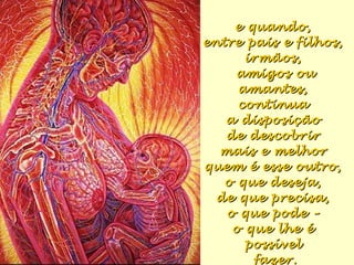e quando,e quando,
entre pais e filhos,entre pais e filhos,
irmãos,irmãos,
amigos ouamigos ou
amantes,amantes,
continuacontinua
a disposiçãoa disposição
de descobrirde descobrir
mais e melhormais e melhor
quem é esse outro,quem é esse outro,
o que deseja,o que deseja,
de que precisa,de que precisa,
o que pode –o que pode –
o que lhe éo que lhe é
possívelpossível
fazer.fazer.
 