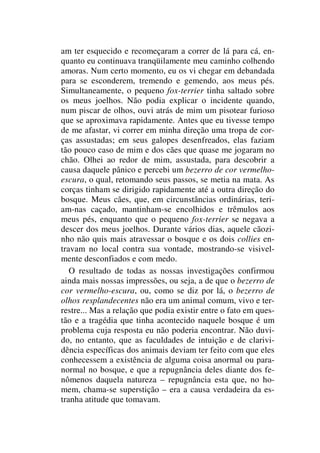 am ter esquecido e recomeçaram a correr de lá para cá, en-
quanto eu continuava tranqüilamente meu caminho colhendo
amoras. Num certo momento, eu os vi chegar em debandada
para se esconderem, tremendo e gemendo, aos meus pés.
Simultaneamente, o pequeno fox-terrier tinha saltado sobre
os meus joelhos. Não podia explicar o incidente quando,
num piscar de olhos, ouvi atrás de mim um pisotear furioso
que se aproximava rapidamente. Antes que eu tivesse tempo
de me afastar, vi correr em minha direção uma tropa de cor-
ças assustadas; em seus galopes desenfreados, elas faziam
tão pouco caso de mim e dos cães que quase me jogaram no
chão. Olhei ao redor de mim, assustada, para descobrir a
causa daquele pânico e percebi um bezerro de cor vermelho-
escura, o qual, retomando seus passos, se metia na mata. As
corças tinham se dirigido rapidamente até a outra direção do
bosque. Meus cães, que, em circunstâncias ordinárias, teri-
am-nas caçado, mantinham-se encolhidos e trêmulos aos
meus pés, enquanto que o pequeno fox-terrier se negava a
descer dos meus joelhos. Durante vários dias, aquele cãozi-
nho não quis mais atravessar o bosque e os dois collies en-
travam no local contra sua vontade, mostrando-se visivel-
mente desconfiados e com medo.
O resultado de todas as nossas investigações confirmou
ainda mais nossas impressões, ou seja, a de que o bezerro de
cor vermelho-escura, ou, como se diz por lá, o bezerro de
olhos resplandecentes não era um animal comum, vivo e ter-
restre... Mas a relação que podia existir entre o fato em ques-
tão e a tragédia que tinha acontecido naquele bosque é um
problema cuja resposta eu não poderia encontrar. Não duvi-
do, no entanto, que as faculdades de intuição e de clarivi-
dência específicas dos animais deviam ter feito com que eles
conhecessem a existência de alguma coisa anormal ou para-
normal no bosque, e que a repugnância deles diante dos fe-
nômenos daquela natureza – repugnância esta que, no ho-
mem, chama-se superstição – era a causa verdadeira da es-
tranha atitude que tomavam.
 
