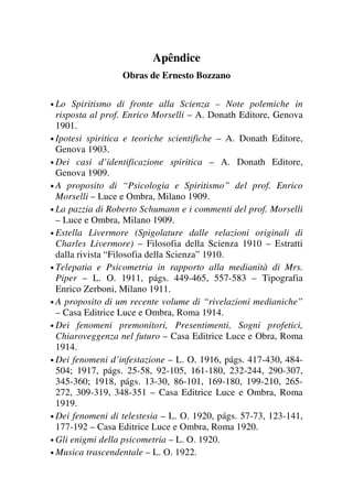 Apêndice
Obras de Ernesto Bozzano
• Lo Spiritismo di fronte alla Scienza – Note polemiche in
risposta al prof. Enrico Morselli – A. Donath Editore, Genova
1901.
• Ipotesi spiritica e teoriche scientifiche – A. Donath Editore,
Genova 1903.
• Dei casi d’identificazione spiritica – A. Donath Editore,
Genova 1909.
• A proposito di “Psicologia e Spiritismo” del prof. Enrico
Morselli – Luce e Ombra, Milano 1909.
• La pazzia di Roberto Schumann e i commenti del prof. Morselli
– Luce e Ombra, Milano 1909.
• Estella Livermore (Spigolature dalle relazioni originali di
Charles Livermore) – Filosofia della Scienza 1910 – Estratti
dalla rivista “Filosofia della Scienza” 1910.
• Telepatia e Psicometria in rapporto alla medianità di Mrs.
Piper – L. O. 1911, págs. 449-465, 557-583 – Tipografia
Enrico Zerboni, Milano 1911.
• A proposito di um recente volume di “rivelazioni medianiche”
– Casa Editrice Luce e Ombra, Roma 1914.
• Dei fenomeni premonitori, Presentimenti, Sogni profetici,
Chiaroveggenza nel futuro – Casa Editrice Luce e Obra, Roma
1914.
• Dei fenomeni d’infestazione – L. O. 1916, págs. 417-430, 484-
504; 1917, págs. 25-58, 92-105, 161-180, 232-244, 290-307,
345-360; 1918, págs. 13-30, 86-101, 169-180, 199-210, 265-
272, 309-319, 348-351 – Casa Editrice Luce e Ombra, Roma
1919.
• Dei fenomeni di telestesia – L. O. 1920, págs. 57-73, 123-141,
177-192 – Casa Editrice Luce e Ombra, Roma 1920.
• Gli enigmi della psicometria – L. O. 1920.
• Musica trascendentale – L. O. 1922.
 