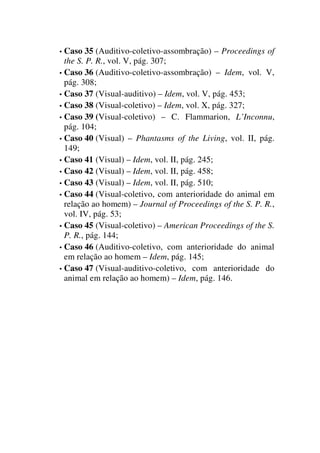 • Caso 35 (Auditivo-coletivo-assombração) – Proceedings of
the S. P. R., vol. V, pág. 307;
• Caso 36 (Auditivo-coletivo-assombração) – Idem, vol. V,
pág. 308;
• Caso 37 (Visual-auditivo) – Idem, vol. V, pág. 453;
• Caso 38 (Visual-coletivo) – Idem, vol. X, pág. 327;
• Caso 39 (Visual-coletivo) – C. Flammarion, L’Inconnu,
pág. 104;
• Caso 40 (Visual) – Phantasms of the Living, vol. II, pág.
149;
• Caso 41 (Visual) – Idem, vol. II, pág. 245;
• Caso 42 (Visual) – Idem, vol. II, pág. 458;
• Caso 43 (Visual) – Idem, vol. II, pág. 510;
• Caso 44 (Visual-coletivo, com anterioridade do animal em
relação ao homem) – Journal of Proceedings of the S. P. R.,
vol. IV, pág. 53;
• Caso 45 (Visual-coletivo) – American Proceedings of the S.
P. R., pág. 144;
• Caso 46 (Auditivo-coletivo, com anterioridade do animal
em relação ao homem – Idem, pág. 145;
• Caso 47 (Visual-auditivo-coletivo, com anterioridade do
animal em relação ao homem) – Idem, pág. 146.
 