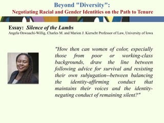 Beyond "Diversity":
  Negotiating Racial and Gender Identities on the Path to Tenure


Essay: Silence of the Lambs
Angela Onwuachi-Willig, Charles M. and Marion J. Kierscht Professor of Law, University of Iowa



                              "How then can women of color, especially
                              those from poor or working-class
                              backgrounds, draw the line between
                              following advice for survival and resisting
                              their own subjugation--between balancing
                              the    identity-affirming   conduct    that
                              maintains their voices and the identity-
                              negating conduct of remaining silent?"
 