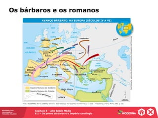 Capítulo 8 – Alta Idade Média
8.1 – Os povos bárbaros e o Império carolíngio
HISTÓRIA: DAS
CAVERNAS AO
TERCEIRO MILÊNIO
AVANÇO BÁRBARO: NA EUROPA (SÉCULOS IV A VI)
Os bárbaros e os romanos
Fonte: HILGEMANN, Werner; KINDER, Hermann. Atlas historique: de l’apparition de l’homme sur La terre à l’ère atomique. Paris: Perrin, 1992. p. 110.
CARTOGRAFIA:ANDERSONDEANDRADEPIMENTEL/FERNANDOJOSÉFERREIRA
280 km
 