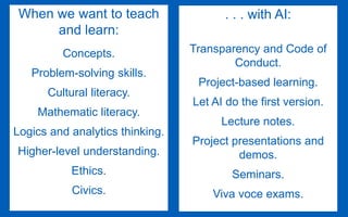 When we want to teach
and learn:
Concepts.
Problem-solving skills.
Cultural literacy.
Mathematic literacy.
Logics and analytics thinking.
Higher-level understanding.
Ethics.
Civics.
. . . with AI:
Transparency and Code of
Conduct.
Project-based learning.
Let AI do the first version.
Lecture notes.
Project presentations and
demos.
Seminars.
Viva voce exams.
 
