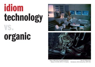 idiom
technology
vs.
organic
Space 1999. Gerry and Sylvia Anderson.
Group 3, ITC, RAI. 1975-77. TV Series.
Alien Dir. Ridley Scott.
Brandywine, 20th Century-Fox, 1979. Film.
 