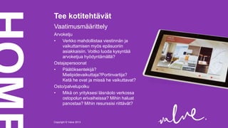 Tee kotitehtävät
Vaatimusmäärittely
Arvoketju
•
Verkko mahdollistaa viestinnän ja
vaikuttamisen myös epäsuoriin
asiakkaisiin. Voitko luoda kysyntää
arvoketjua hyödyntämällä?
Ostajapersoonat
•
Päätöksentekijä?
Mielipidevaikuttaja?Portinvartija?
Ketä he ovat ja missä he vaikuttavat?
Osto/palvelupolku
•
Mikä on yrityksesi läsnäolo verkossa
ostopolun erivaiheissa? Mihin haluat
panostaa? Mihin resurssisi riittävät?

Copyright © Valve 2013Copyright © Valve 2013

 
