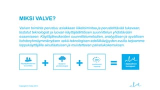 MIKSI VALVE?
Valven toiminta perustuu asiakkaan liiketoimintaa ja perustehtävää tukevaan,
testatut teknologiat ja luovan käyttäjälähtöisen suunnittelun yhdistävään
osaamiseen. Käyttäjäkeskeisten suunnittelumetodien, analyyttisen ja syvällisen
kohderyhmäymmärryksen sekä teknologisen edelläkävijyyden avulla tarjoamme
loppukäyttäjälle ainutlaatuisen ja muistettavan palvelukokemuksen.

Käyttäjäkeskeinen
suunnittelu

Copyright © Valve 2013

+

Modernit
pilviteknologiat

+

360’
markkinointiviestintä

=

- digitaalinen
kumppani

 