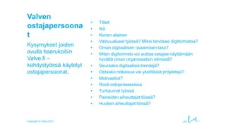 Valven
ostajapersoona
t
Kysymykset joiden
avulla haarukoitiin
Valve.fi –
kehitystyössä käytetyt
ostajapersoonat.

Copyright © Valve 2013

•
•
•
•
•
•
•
•
•
•
•
•
•

Titteli
Ikä
Kenen alainen
Vastuualueet työssä? Miksi tarvitsee digitoimistoa?
Oman digitaalisen osaamisen taso?
Miten digitoimisto voi auttaa ostajaa näyttämään
hyvältä oman organisaation silmissä?
Seuraako digitaalisia trendejä?
Ostaako ratkaisua vai yksittäisiä projekteja?
Motivaatiot?
Rooli ostoprosessissa
Turhaumat työssä
Paineiden aiheuttajat töissä?
Huolien aiheuttajat töissä?

 