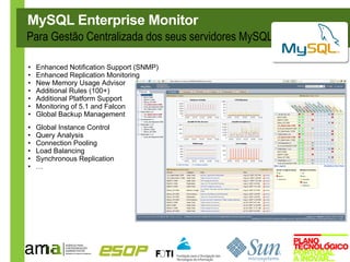 MySQL Enterprise Monitor
Para Gestão Centralizada dos seus servidores MySQL

•   Enhanced Notification Support (SNMP)
•   Enhanced Replication Monitoring
•   New Memory Usage Advisor
•   Additional Rules (100+)
•   Additional Platform Support
•   Monitoring of 5.1 and Falcon
•   Global Backup Management
●   Global Instance Control
•   Query Analysis
•   Connection Pooling
•   Load Balancing
•   Synchronous Replication
•   …
 